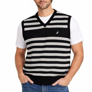 Nautica Grandpa Sweater Vest Mens Size XL Navy Blue Gray Striped Sailboat Logo